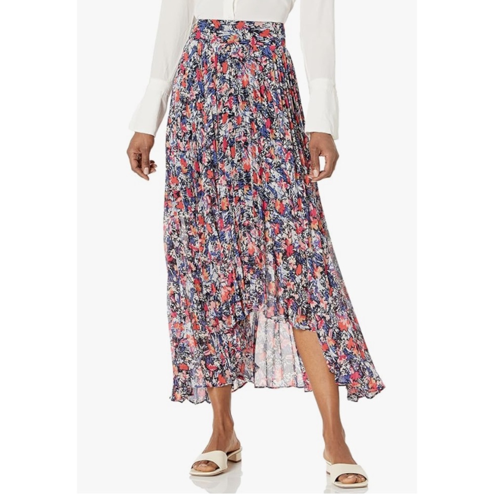 BCBGMAXAZRIA | Asymmetrical Pleated Midi Skirt in Painterly Carnation, Small